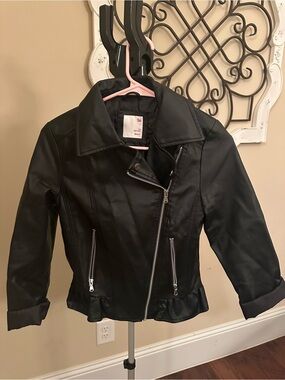 SO Black Faux Leather Moto Jacket with Ruffle Hem